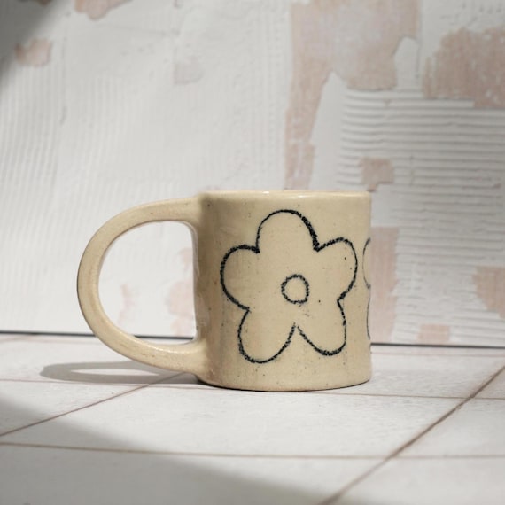 Handmade Stoneware Espresso Mug: Black Floral Pencil Drawing Cup