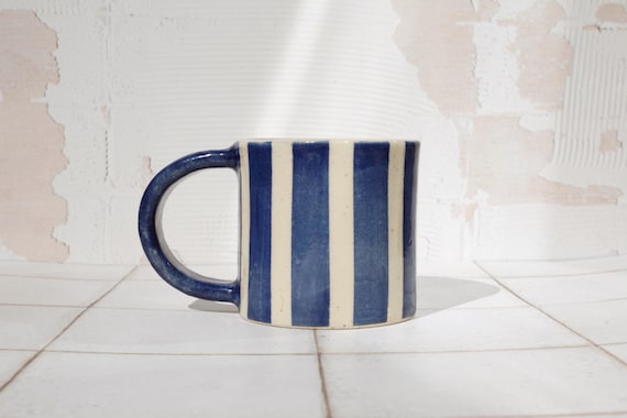 Handmade Stoneware Ceramic Striped Mug 330ml - blue and Clear Glaze on speckled clay
