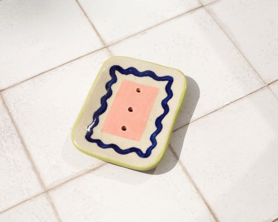 Handmade Ceramic Soap Dish: Fun Abstract Pattern, Speckled Clay with Drainage