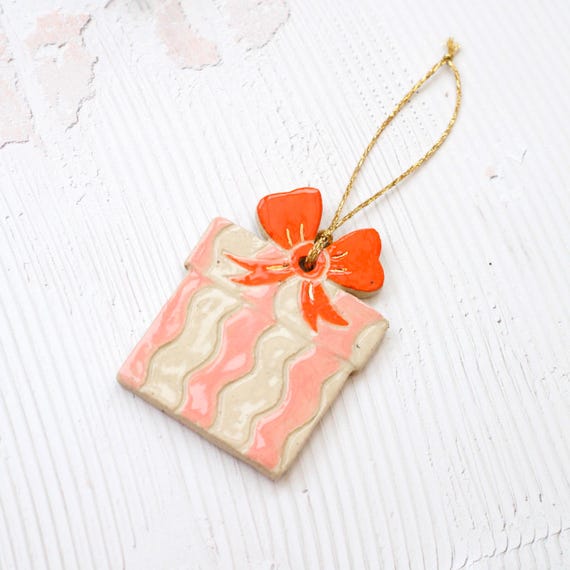 Handmade Ceramic Christmas Present with Bow Ornament: Colorful Stoneware Clay Xmas Decor
