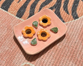 Handmade Ceramic Soap Dish with Pink Flowers and Green Leaves - Drainage Holes and Feet - Stoneware Clay