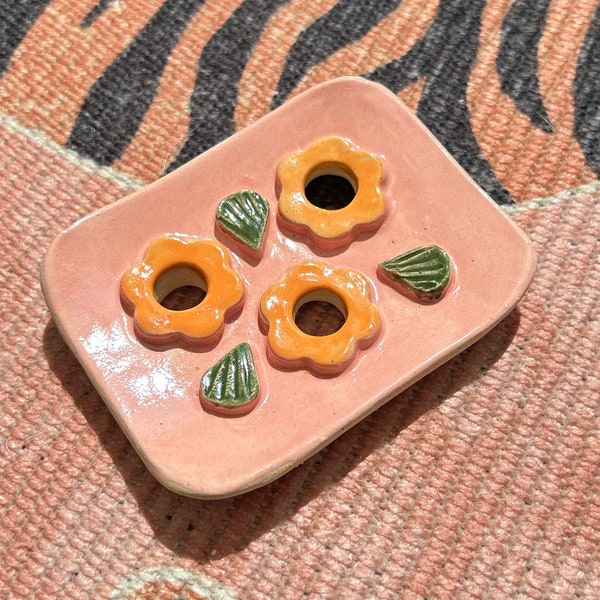 Handmade Ceramic Soap Dish with Pink Flowers and Green Leaves - Drainage Holes and Feet - Stoneware Clay