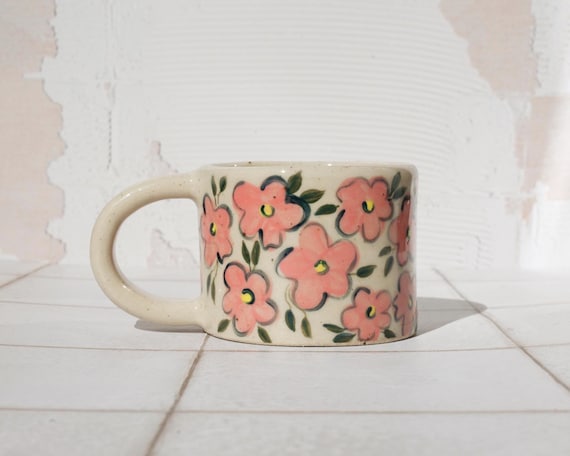 Handmade Small Floral Ceramic Mug: 215ml Stoneware Pottery Coffee Cup
