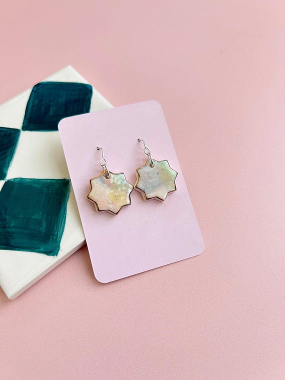 Handmade Ceramic Earrings - Hand-Painted Star Drop Earrings with Sterling Silver Hooks - Gold Lustre Detail