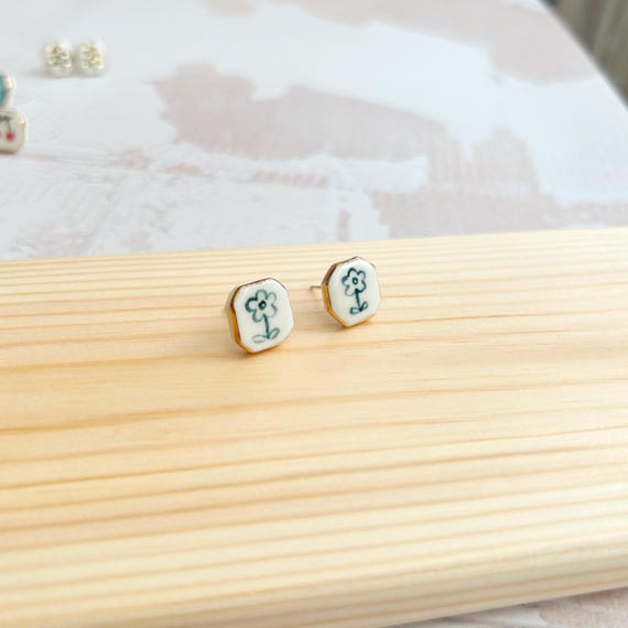 Hand-Painted Ceramic Flower Stud Earrings with Gold Lustre | Sterling Silver Posts