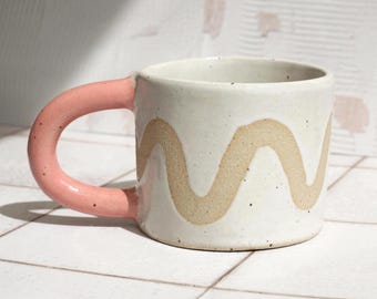 Small Handmade Ceramic Wavy Mug, pink and White Glazed