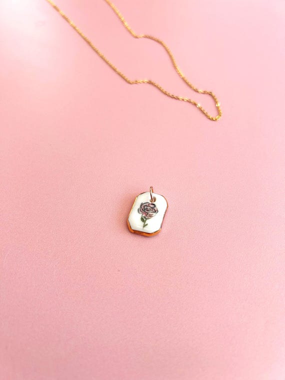 Handmade Ceramic Rose Pendant for Necklace– Gold Lustre Edge