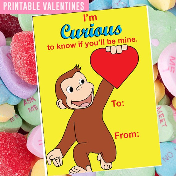 Curious George Kids Valentine Card Valentine's Day Card | Etsy