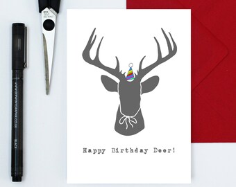 funny birthday card - happy birthday deer - animal card - birthday hat card - deer and antlers card - designer card - minimalist card