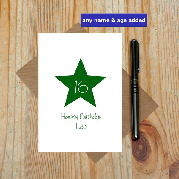 teenage boy birthday card - any name added - any age - customised card - personalised card - card for teenage son - green star - teenager