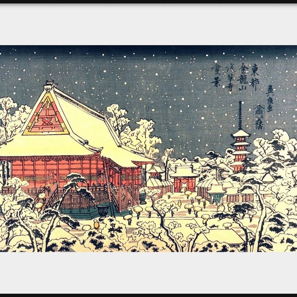 KEISAI EISEN Japanese Woodblock, Asakusa Temple in Winter, NEW Fine Art Print, Shinto Buddhism Shrine, Woodcut, Oriental Home Decor, P96