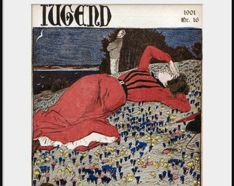 REINHOLD EICHLER, Beautiful Woman On Blue & Yellow Flowers, Art Nouveau, NEW Fine Art Giclee Print, 1901 Jugend Magazine,Lady Red Dress,P107