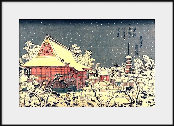 Japanese Woodblock KEISAI EISEN Asakusa Temple in Winter NEW Fine Art Print