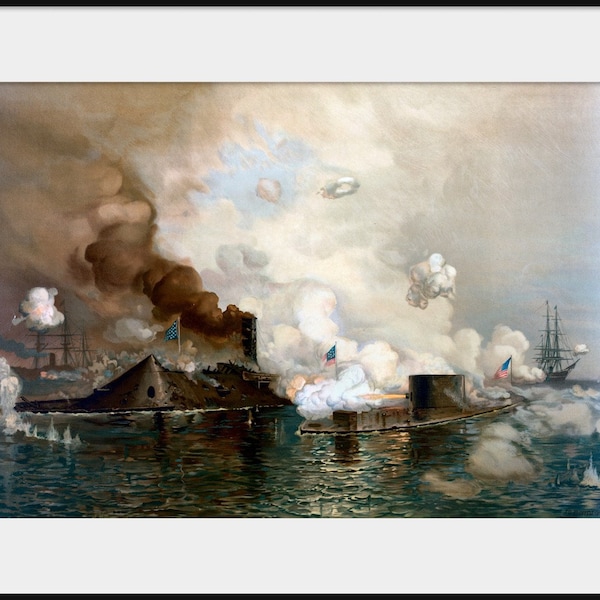 The MONITOR and The MERRIMACK by J.O. Davidson; U.S. Civil War Naval Battle; NEW Fine Art Giclee Print; Nautical Ironclads Painting, P129