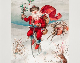 Santa Claus riding penny farthing bicycle postcard print L. Prang Christmas postcard print High Wheel NEW Fine Art Giclee Print Poster P342