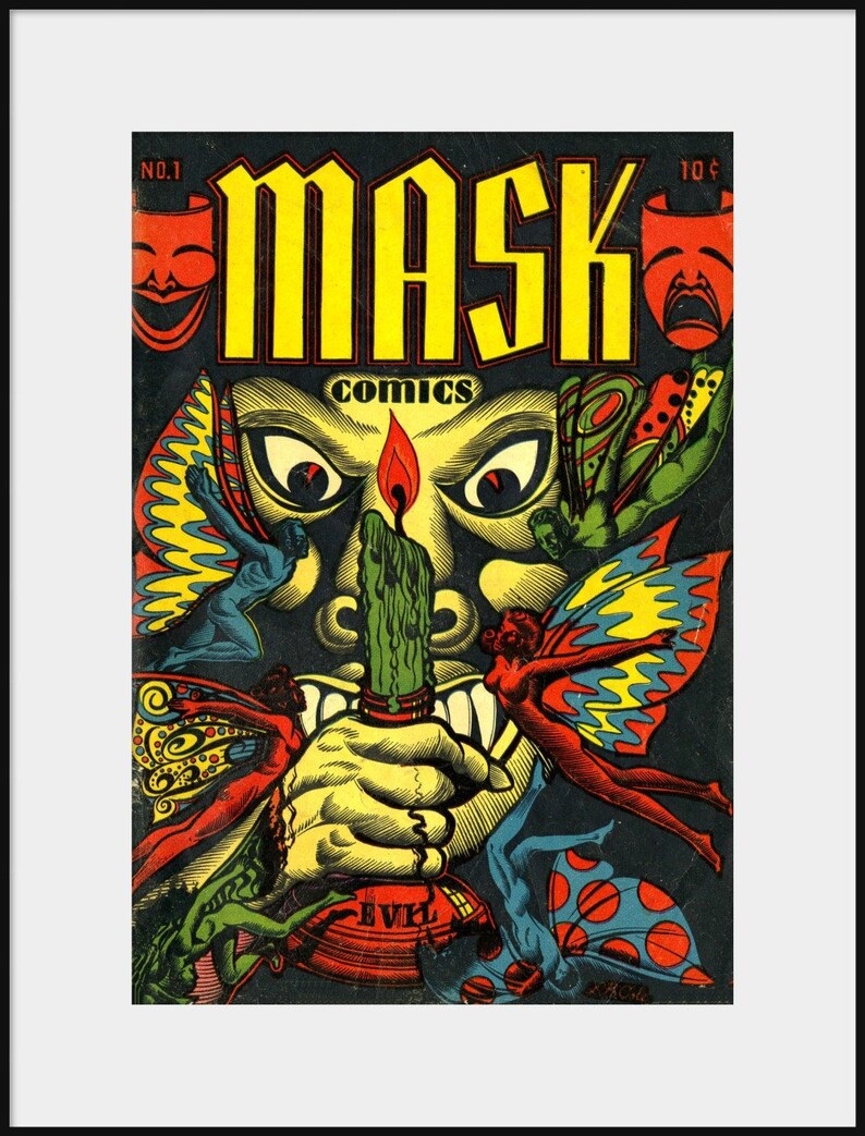 MASK COMICS No.1 Golden Age Horror Comic Cover, NEW Fine Art Giclee Print, Garish Fairy, Fairies Fae Devil, Evil Monster, Man Cave Decor P57 image 4