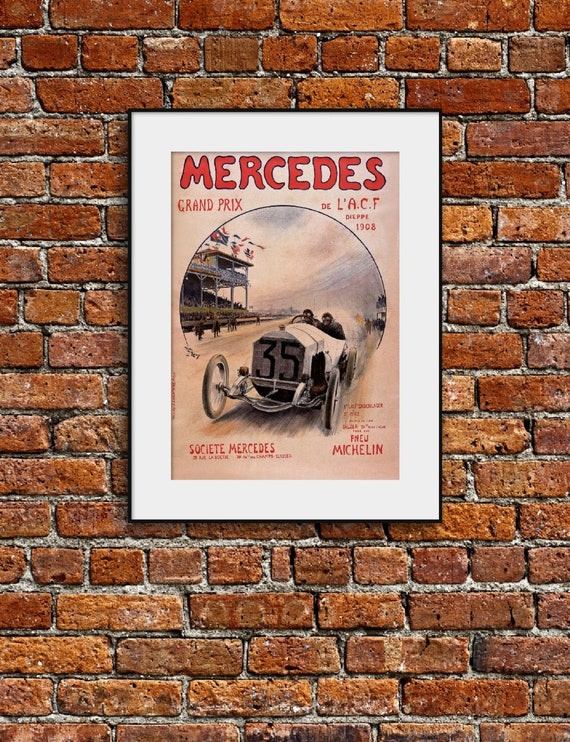 1908 MERCEDES GRAND PRIX AUTOMOBILE DE FRANCE CAR RACE VINTAGE POSTER REPRO 