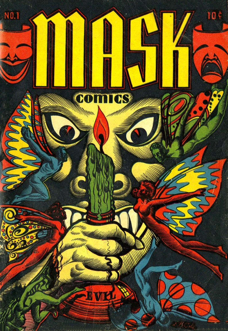 MASK COMICS No.1 Golden Age Horror Comic Cover, NEW Fine Art Giclee Print, Garish Fairy, Fairies Fae Devil, Evil Monster, Man Cave Decor P57 image 2