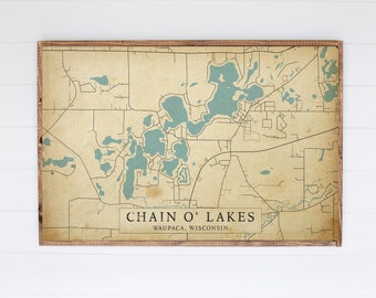 Chain O' Lakes Wisconsin vintage custom wood lake map sign , Lake house home decor