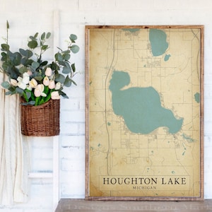 Houghton Lake Michigan vintage custom wood map sign , custom lake map home decor