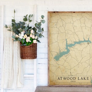 Atwood Lake vintage wood map sign , custom lake map home decor