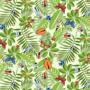 May include: A seamless pattern featuring a variety of colourful insects and butterflies on a light green background. The insects include ladybirds, butterflies, dragonflies, and beetles. The pattern is perfect for fabric, wallpaper, or other decorative projects.