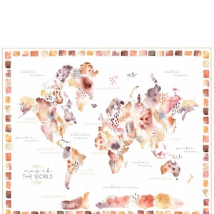 Op de afbeelding: Een aquarel-illustratie van een wereldkaart met een witte achtergrond. De continenten zijn geschilderd in tinten roze, oranje en bruin. De oceanen zijn geschilderd in tinten blauw en groen. De kaart bevat de namen van de continenten en oceanen. De tekst "kaart van de wereld" staat in het zwart onderaan de kaart.