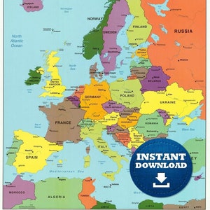 Digitale Politische Bunte Karte Europas, Druckfertige Karte, Lebendige Europa Karte, Länder Europas, Europäische Kontinent Karte Poster