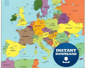 Printable Map Of European Countries Digital Political Colorful Map Of Europe Ready To Print Map - Etsy Hong Kong