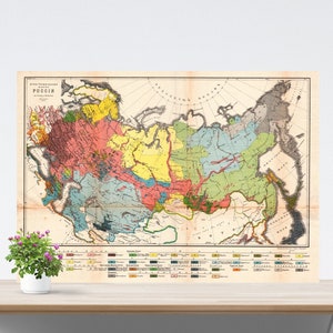 Mapa de Rusia vintage en papel, cartel etnográfico de Rusia, cartel histórico de Rusia, mapa vintage de Europa del Este, mapa de Rusia zarista. Póster