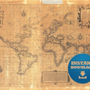 Golden Vintage Digital World Map Imagen Instantánea Imprimible Descargar 1880, Mapa Mundial para Proyectos, Boho Digital Antique World Map Poster