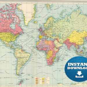 Digital Crystal Clear Vintage World Map, Mapa vintage del mundo verde. Mapa del mundo de los colores de la música. Cartel de arte del mapa del mundo antiguo, descarga imprimible.