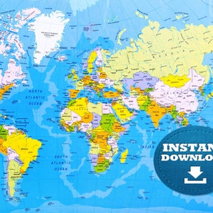 Digital Modern Bright Blue Oceans Political World Map Printable ...