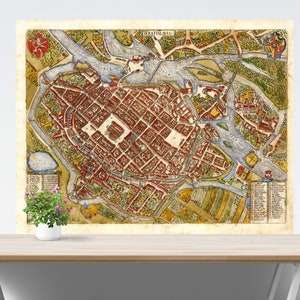 May include: An antique map of the city of Wratislaw, now known as Wroclaw, Poland. The map is hand-drawn and features detailed streets, buildings, and waterways. The map is in a vintage style with faded colors and a worn paper texture.