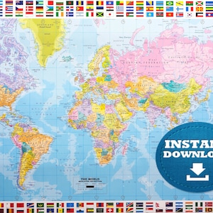 May include: A colorful world map with country borders and labels, surrounded by flags. The map features a blue ocean and continents in various colors. A blue circle with the words "INSTANT DOWNLOAD" and a downward arrow is on the right.