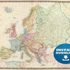 Digitale Vintage Karte von Europa druckbare Download. Antike Europa Karte. Europa Atlas Karte 1860. Soft Map, Deutschland, Frankreich, Italien, Russland, Spanien