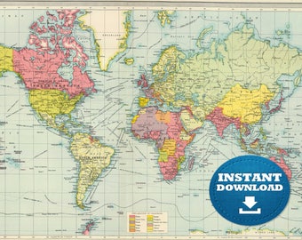 Vintage World Map Art Poster: Crystal Clear Colors (printable