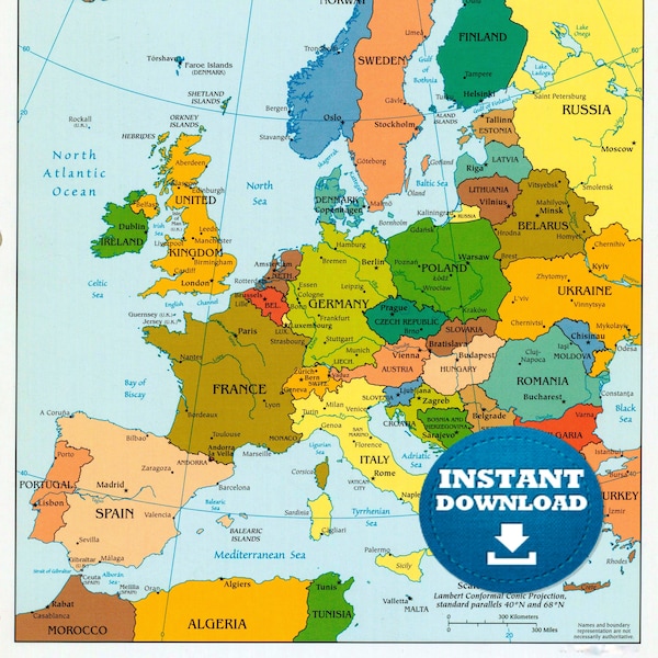 Digital Political Colorful Map of Europe, Printable Download, Mapping Countries of Europe, Lively Political Map, European Map