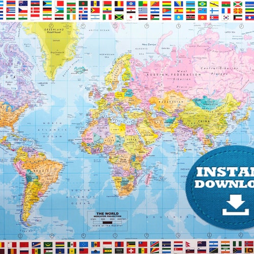 Digital Political World Map Printable Download. World Map With - Etsy ...