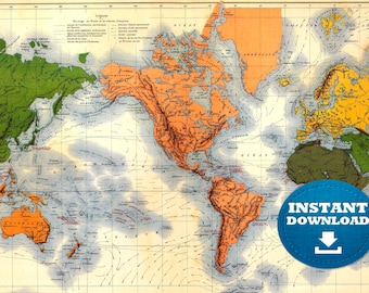 Vintage World Map Print: Colorful Antique Style (Digital Download)