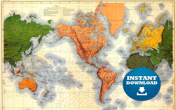 Colorful America Centric Digital Vintage Printable World Map Download. Vintage World Map. Antique World Map, Golden and Green Boho Map.