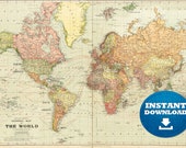ヴィンテージ世界地図アートプリント：1922年アンティークスタイル