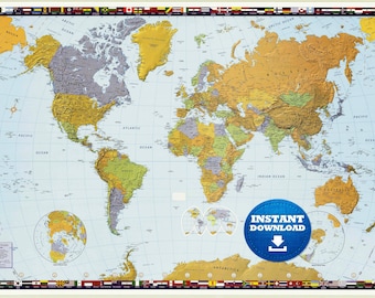 Modern Political World Map: Large Printable Wall Art (Digital Download)
