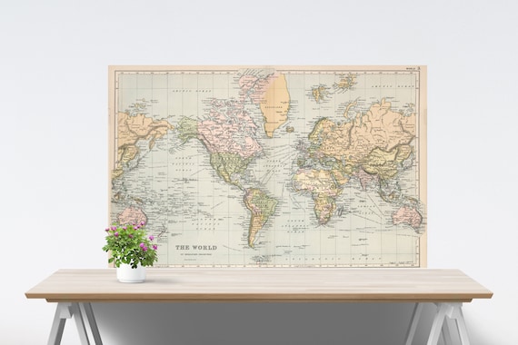 America-Centric Beige World Map on Paper, Vintage Vanilla Pale Color Map Poster, The World, Peaceful Colors, Good Vibes World Map, Unframed