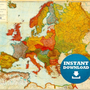 Digitale Vintage Europa Karte, druckbare Vintage Europa Karte, Karte von Europa, Europa Karte, Europa Karte Digital, Jpg Karte, Europa