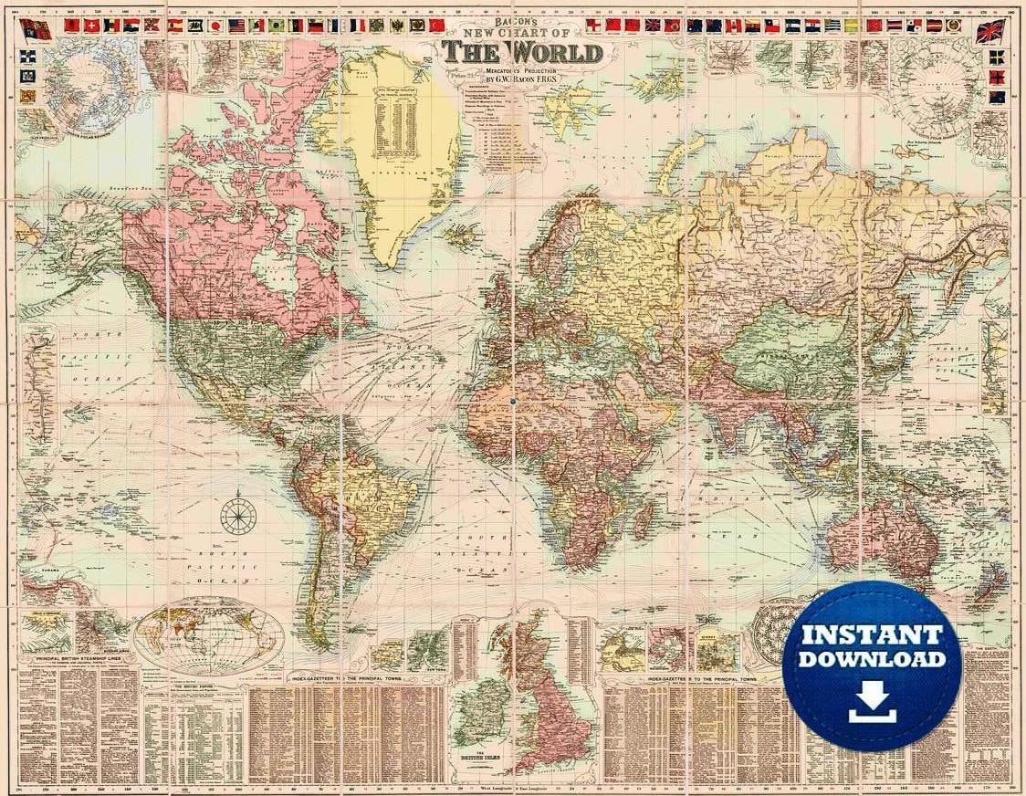 digital colorful detailed vintage printable world map download vintage