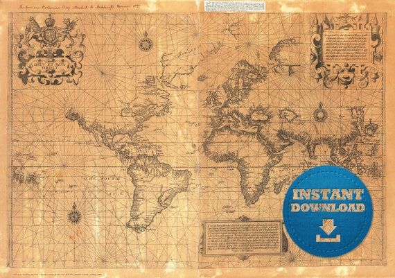 Vintage World Map Print: 1880 Golden Bronze Antique (Digital Download)