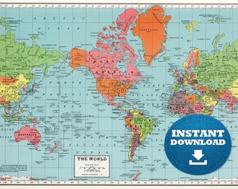 Digital Vintage Bright Colors World Map Printable Download