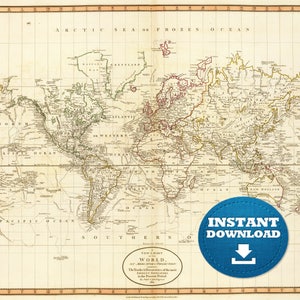 Digitale vintage eenvoudige wereldkaart afdrukbare download. Vintage wereldkaart. Antieke wereldkaart. Affiche Wereldkaart