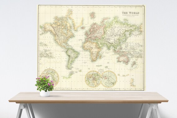 Light Colors World Map Poster on Paper, Vintage World Map, Map Art, Poster Map, Pastel Colors Light Green Yellow Unframed Antique World Map